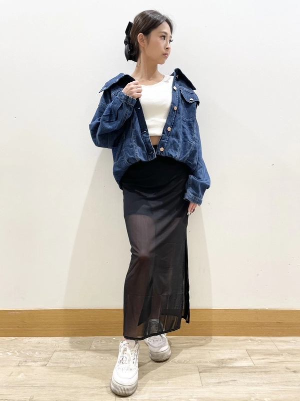 ［大人気］バブルデニムジャケット×メッシュスカート