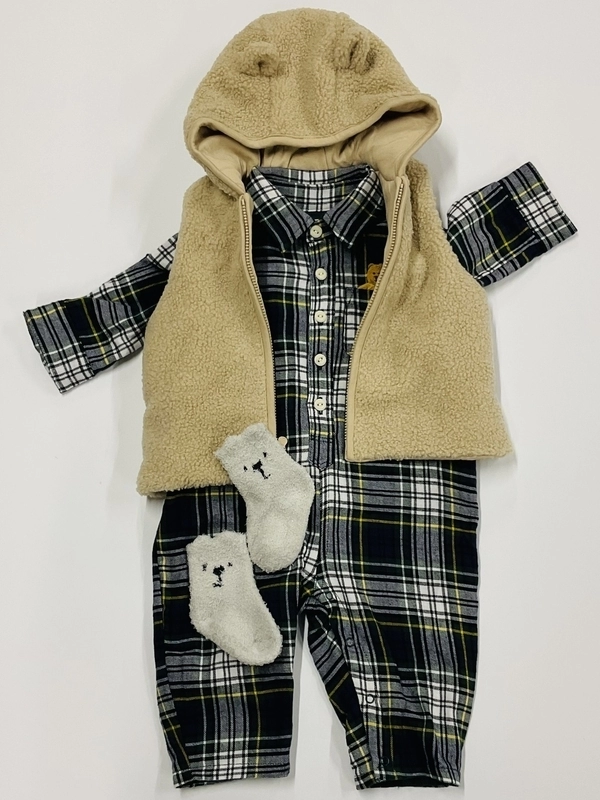 くまみみフードベスト☆チェックロンパース